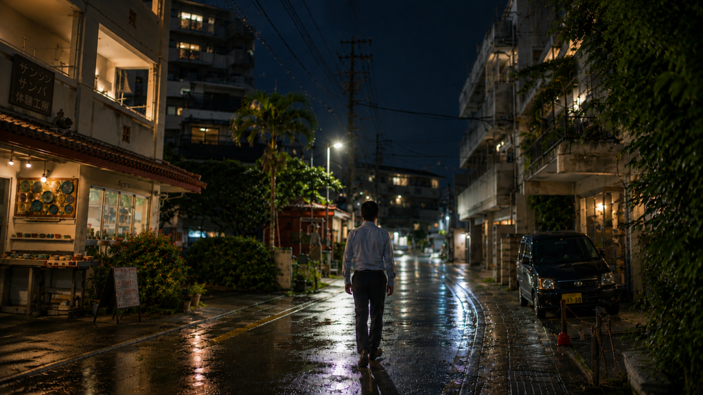 夜の住宅街を歩く男性の後ろ姿