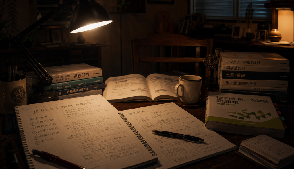 夜の勉強机と専門書
