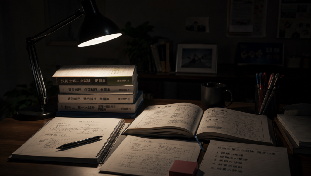資格試験の勉強机と積み上がった専門書