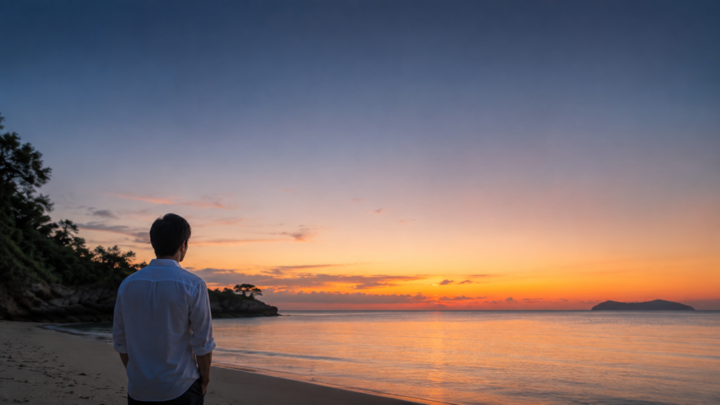 静かな海辺の夕焼け