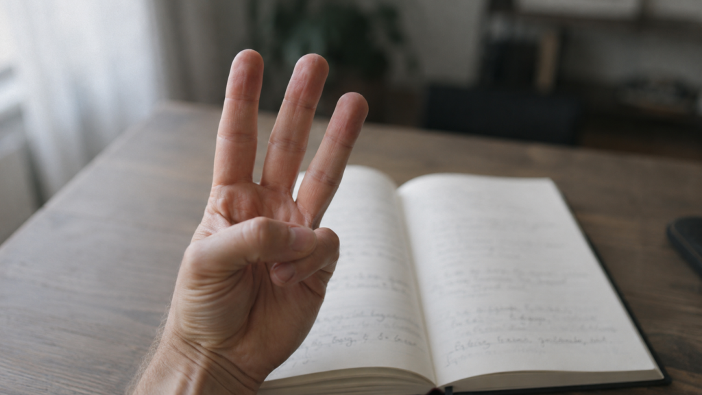 指を3本立てた手元と、開いたノート。文字は判読不能。ミュートカラー