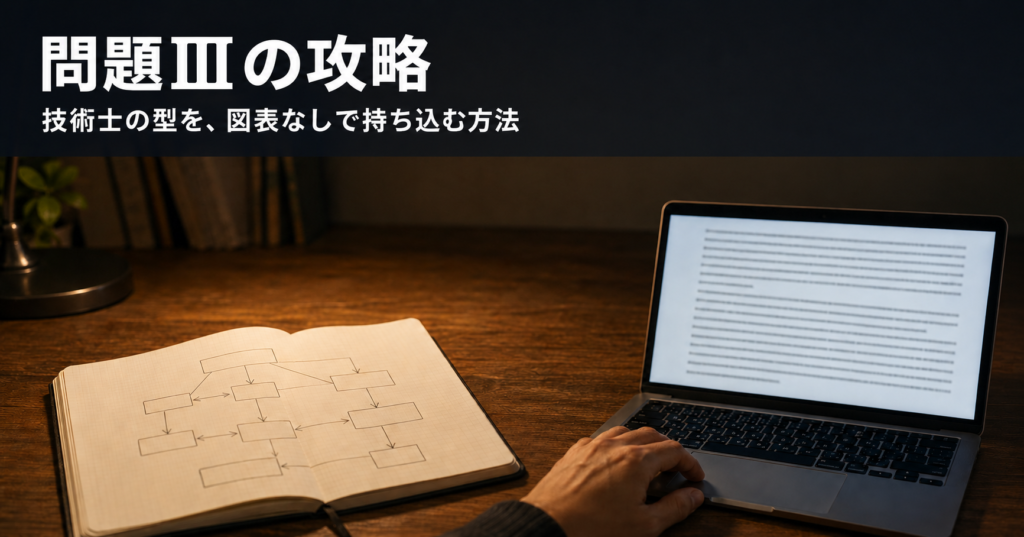 手書きの図とパソコン画面の文章を並べた机