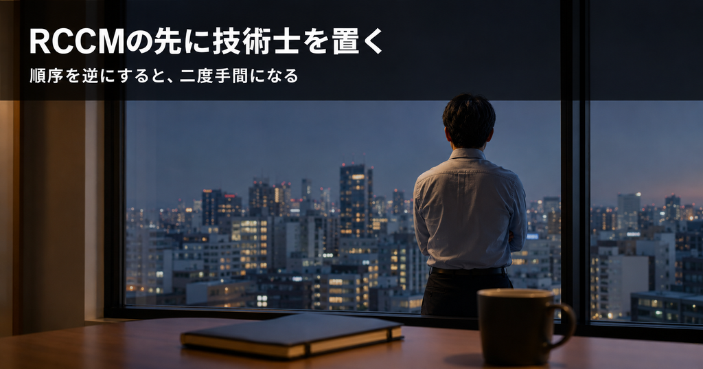 夕暮れのオフィスで窓の外を見る建設技術者の後ろ姿
