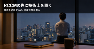 夕暮れのオフィスで窓の外を見る建設技術者の後ろ姿