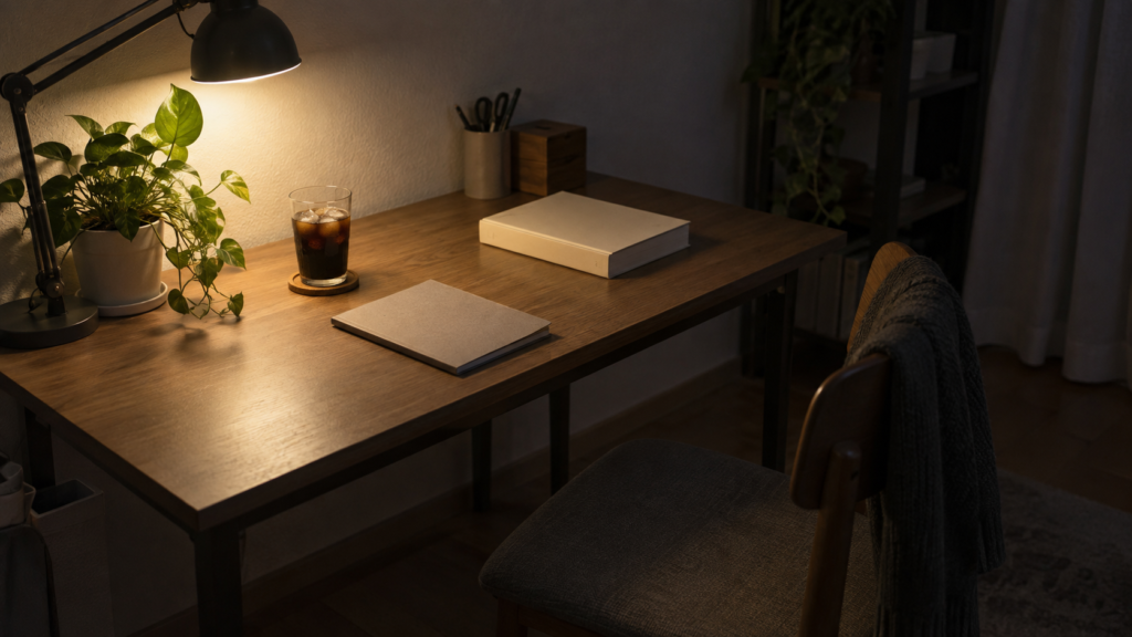 開かれないままの参考書と冷めたコーヒーが置かれた夜の机