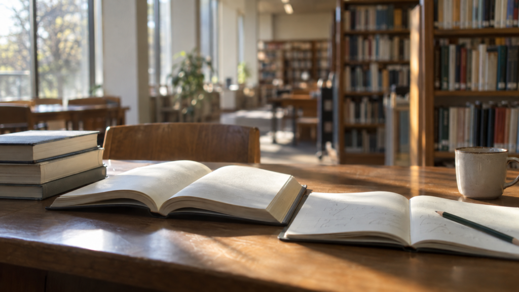 図書館の机に開かれた本と、数行だけ書かれたノート