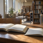 図書館の机に開かれた本と、数行だけ書かれたノート