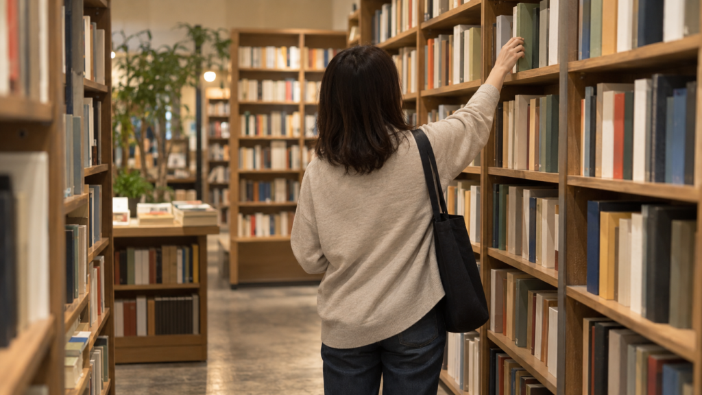 一般向けの本が並ぶ書店の棚を見上げる後ろ姿
