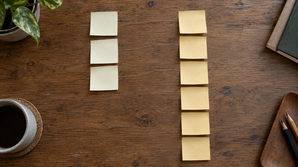 数が合わない2列の付箋と、鉛筆で引かれた線