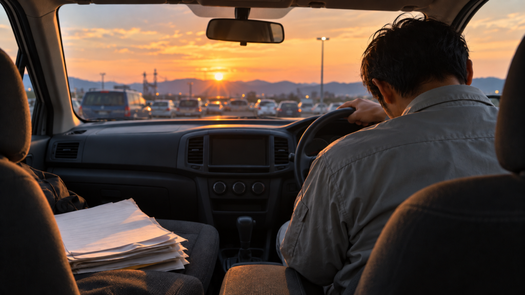 夕日の駐車場で、運転席でうなだれる受験者の後ろ姿