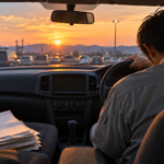夕日の駐車場で、運転席でうなだれる受験者の後ろ姿