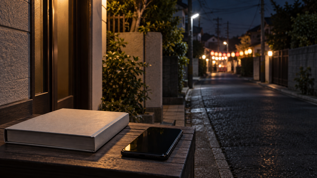 祭りの明かりが見える夜道と、玄関先に置かれた参考書